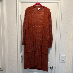 Great dress barn open stitch, rust long button down cardigan
